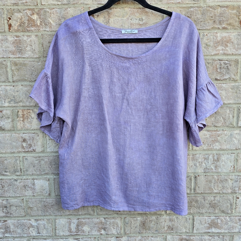 Elena Baldi Womens 100% Linen Top Shirt Ruffle Sleeves Lavender Italy Sz. Large